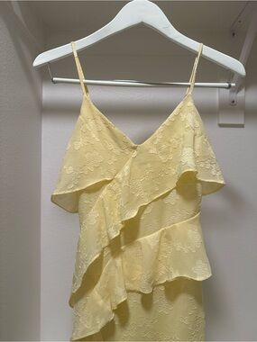 Butter Yellow Floral Dress Jacquard Ruffle Midi Cottagecore XXS